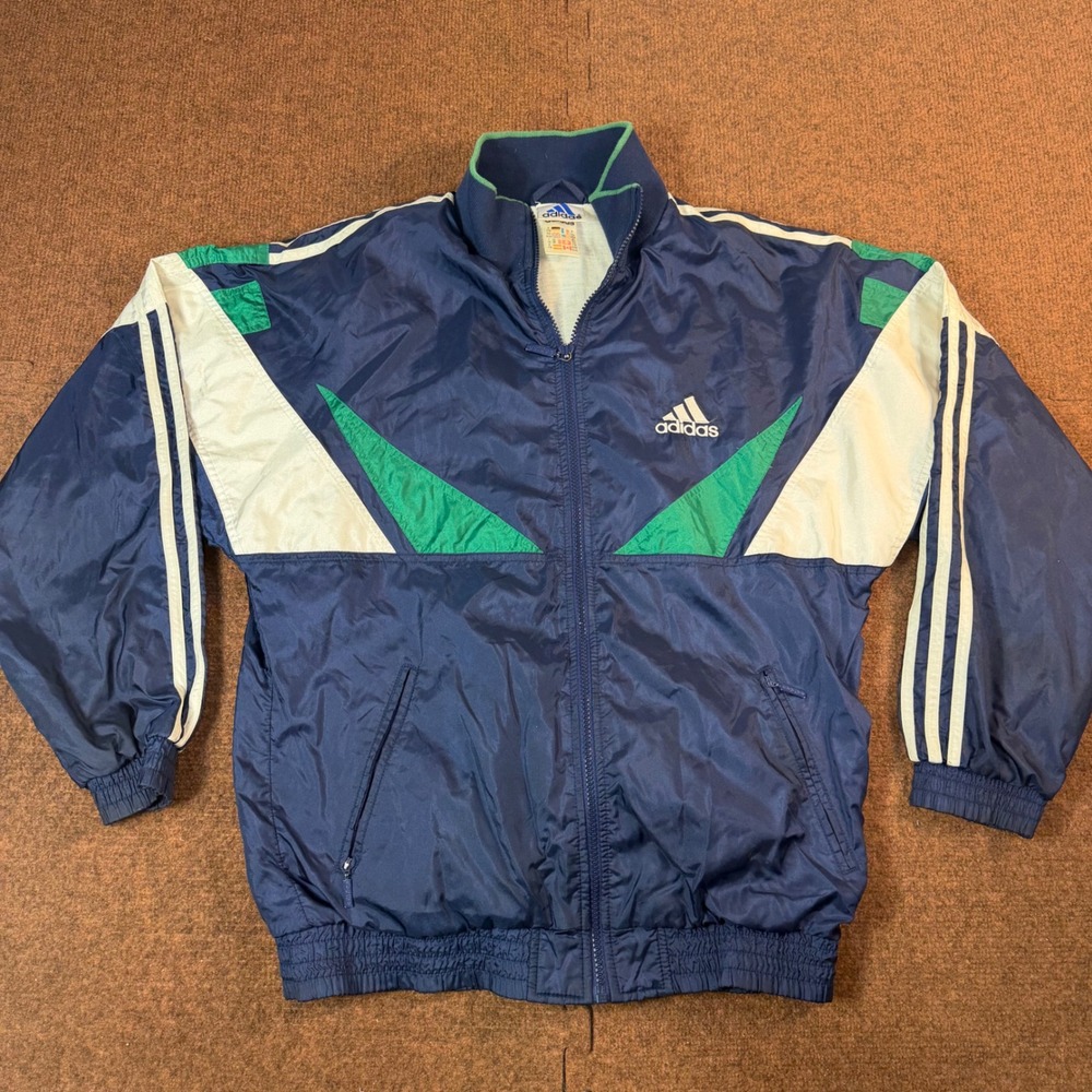 Adidas Vintage Windbreaker Jacket Mens Small Navy Blue Green Colorblock 90s Zip